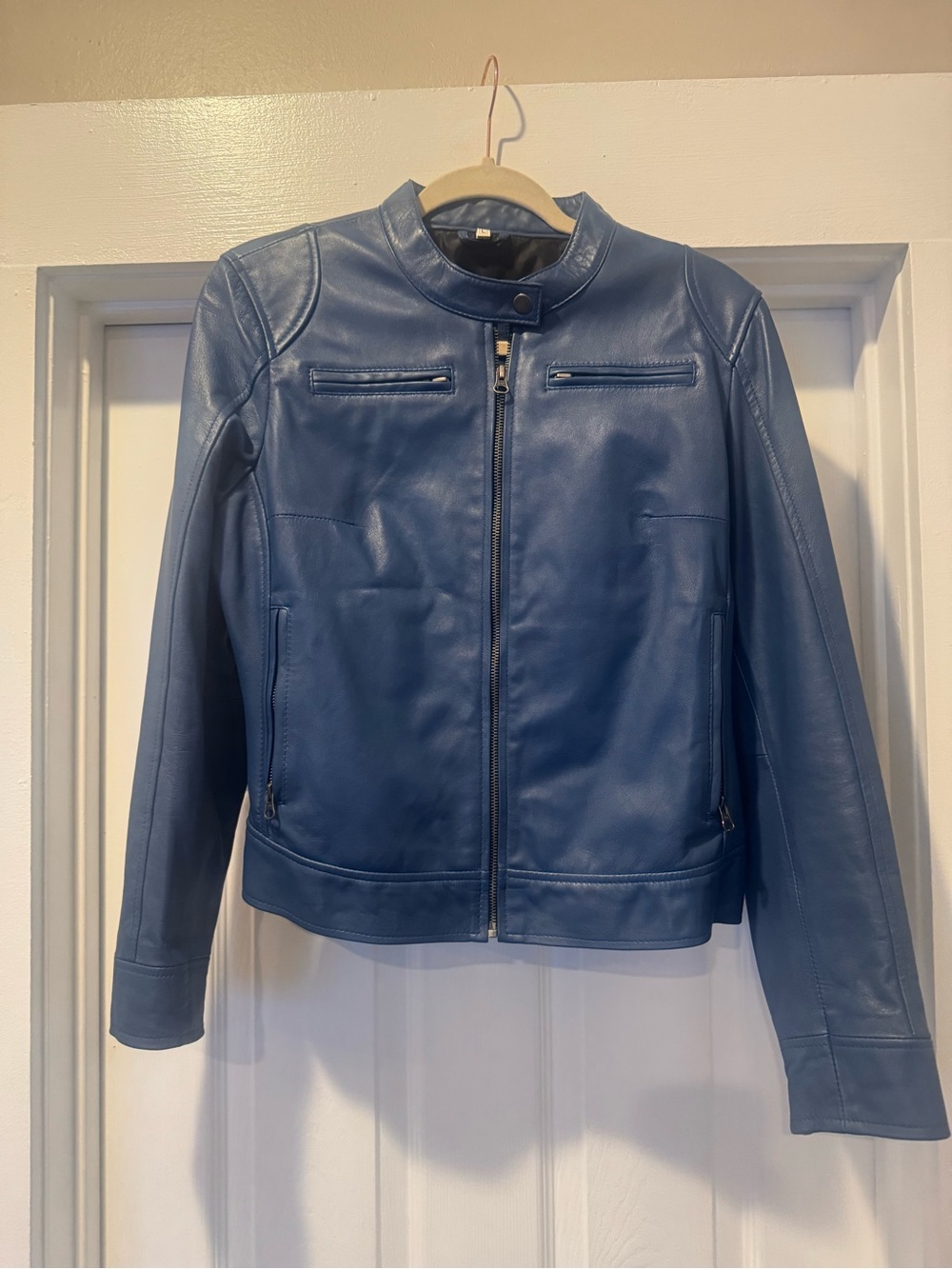Blue Women's Leather Zip-Up Jacket